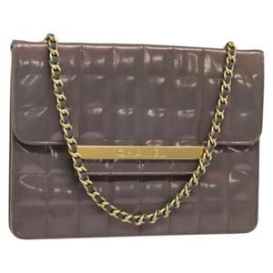 CHANEL Choco Bar Line Chain Hand Bag Enamel Gray Gold CC Auth bs28264